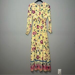 Bagiza Yellow Floral Long Sleeve Maxi Dress Smocked‎ Waist Boho Turkish Sz 38